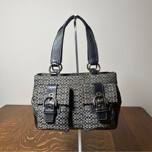 Coach SoHo Black and Gray Signature C Canvas Shoulder Bag with 2 Buckle Pockets